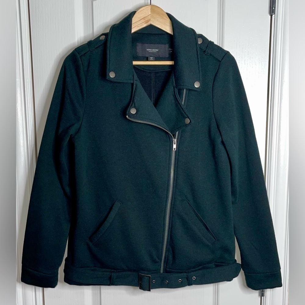 Vero Moda Biker Moto Dark Green Cotton Blend Jacket Size Medium - Picture 1 of 7